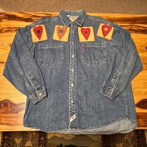 Vintage 90s Milano Bay Heart Patch Denim Shirt Embroidered Folk Art Western USA